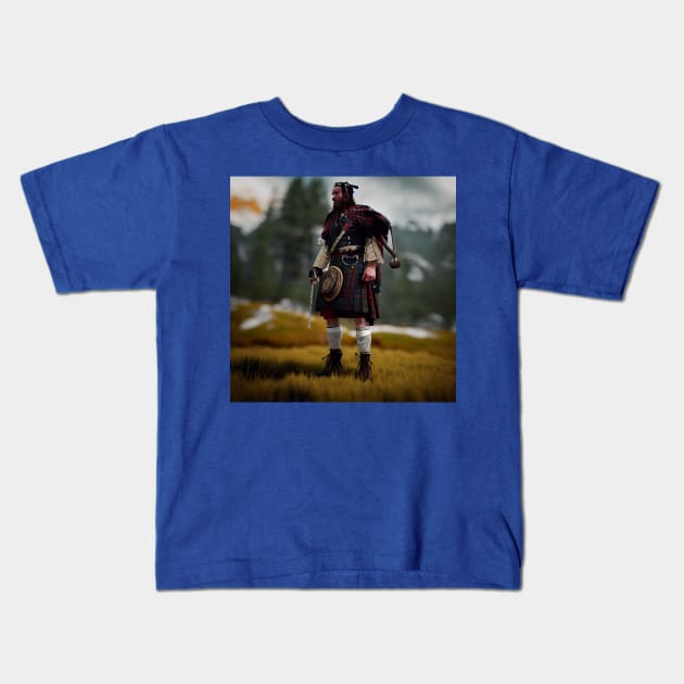Scottish Highlander in Clan Tartan Kids T-Shirt by Grassroots Green